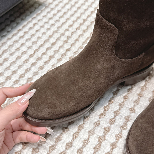 CHANEL 25S KNEE-HIGH BOOTS IN DARK BROWN SUEDE GOLD HARDWARE