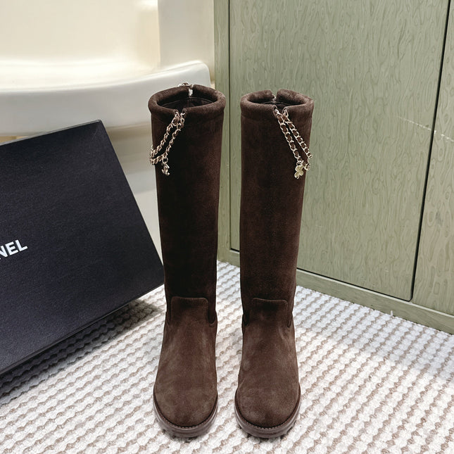 CHANEL 25S KNEE-HIGH BOOTS IN DARK BROWN SUEDE GOLD HARDWARE