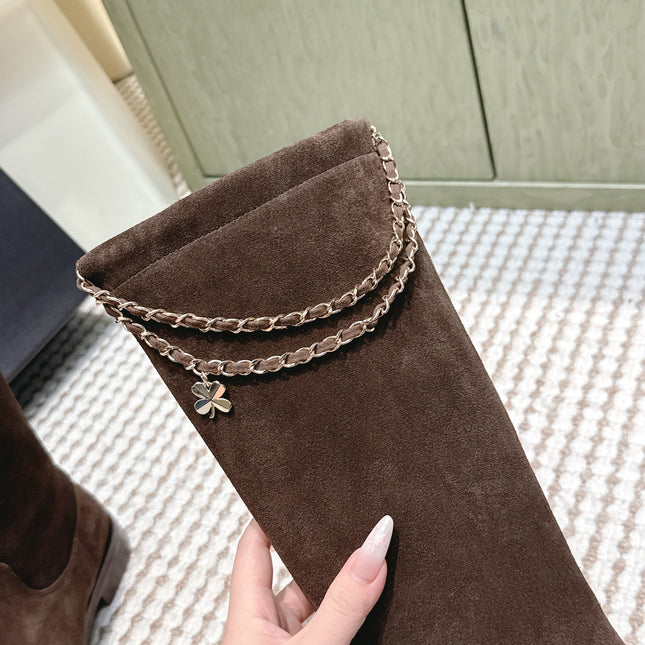 CHANEL 25S KNEE-HIGH BOOTS IN DARK BROWN SUEDE GOLD HARDWARE