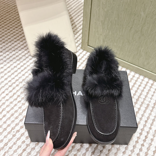 CHANEL 25S LOAFERS MOCCASIN IN BLACK SUEDE WITH MINK FUR LINING