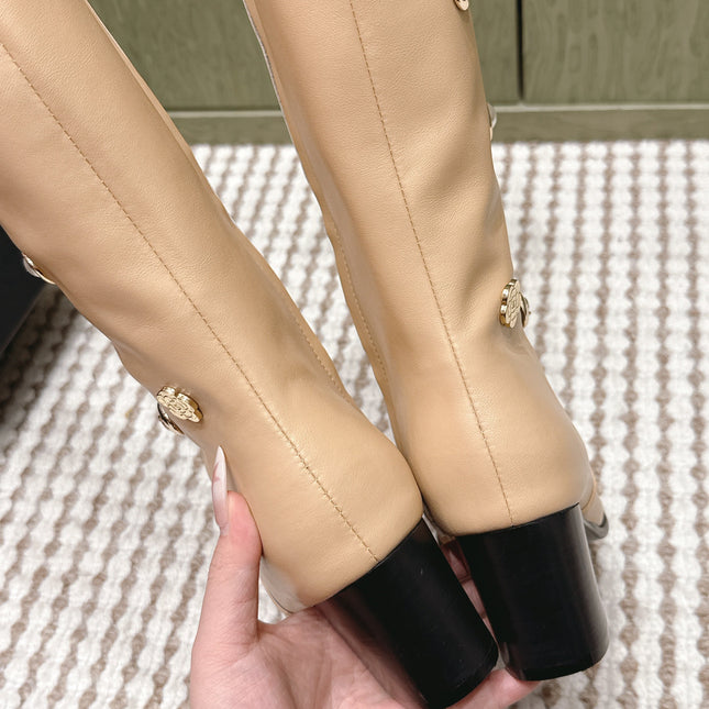 CHANEL 25S KNEE-HIGH BOOTS IN BEIGE CALFSKIN WITH RHINESTONES
