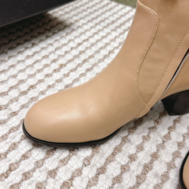 CHANEL 25S KNEE-HIGH BOOTS IN BEIGE CALFSKIN WITH RHINESTONES
