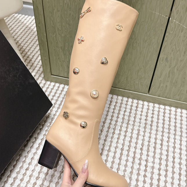 CHANEL 25S KNEE-HIGH BOOTS IN BEIGE CALFSKIN WITH RHINESTONES