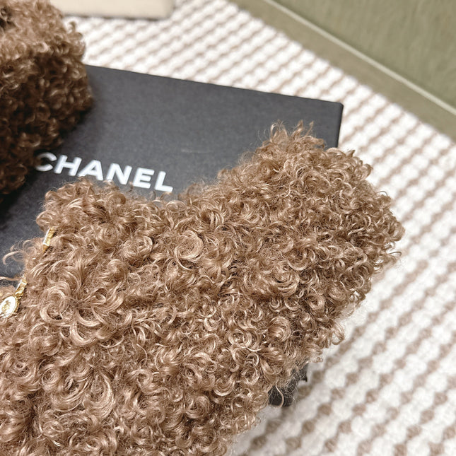 CHANEL 25S CLASSIC FURRY SLIDES IN BROWN WITH DOUBLE C LOGO