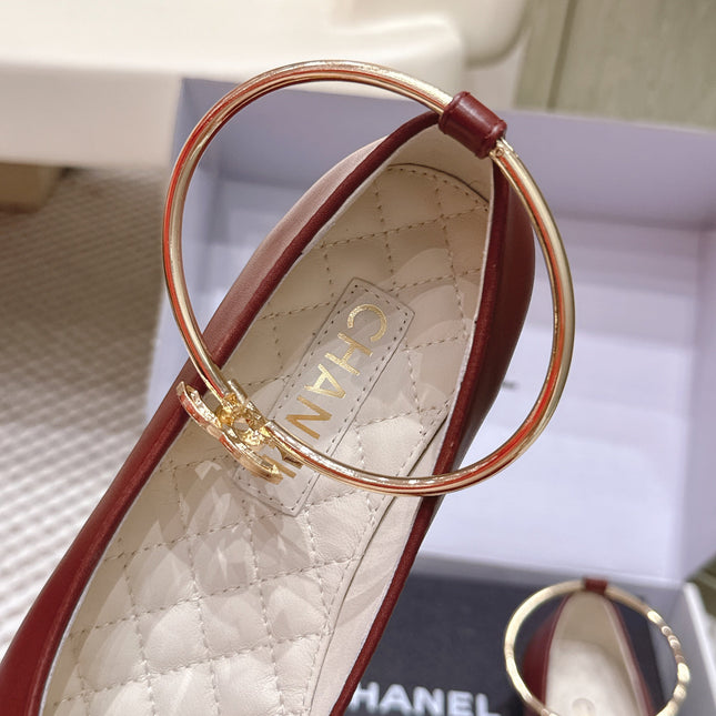 CHANEL 25S BALLERINA SHOES IN MAROON RED AND BLACK CALFSKIN GOLD HARDWARE