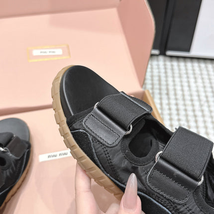 MIUMIU 26S VELCRO SANDALS IN BLACK CALFSKIN AND NYLON SILVER HARDWARE