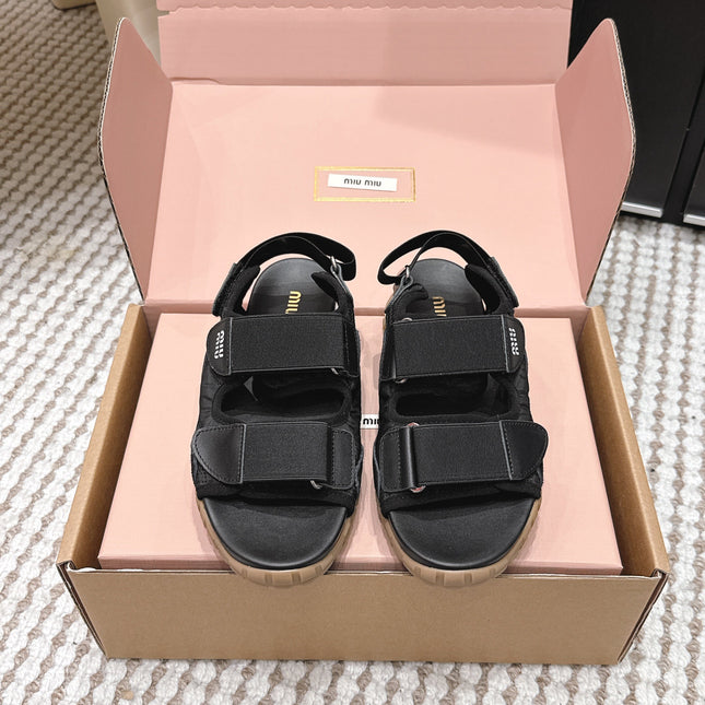 MIUMIU 26S VELCRO SANDALS IN BLACK CALFSKIN AND NYLON SILVER HARDWARE