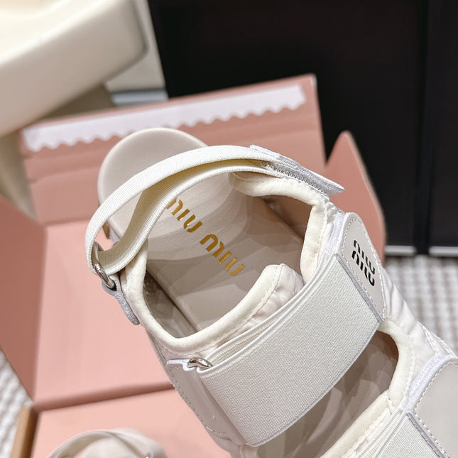 MIUMIU 26S VELCRO SANDALS IN CREAM WHITE CALFSKIN AND NYLON SILVER HARDWARE