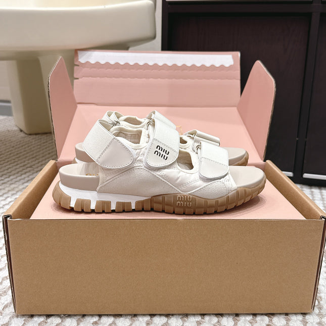 MIUMIU 26S VELCRO SANDALS IN CREAM WHITE CALFSKIN AND NYLON SILVER HARDWARE