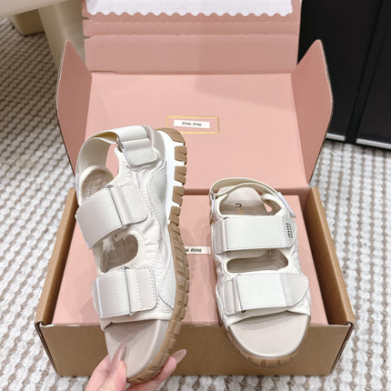 MIUMIU 26S VELCRO SANDALS IN CREAM WHITE CALFSKIN AND NYLON SILVER HARDWARE