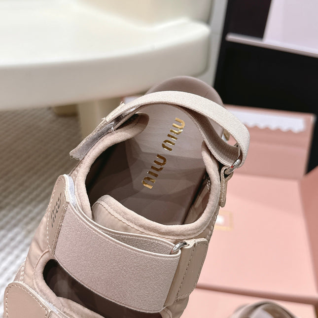MIUMIU 26S VELCRO SANDALS IN LIGHT BROWN CALFSKIN AND NYLON SILVER HARDWARE