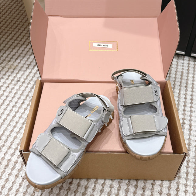 MIUMIU 26S VELCRO SANDALS IN GRAY CALFSKIN AND NYLON SILVER HARDWARE