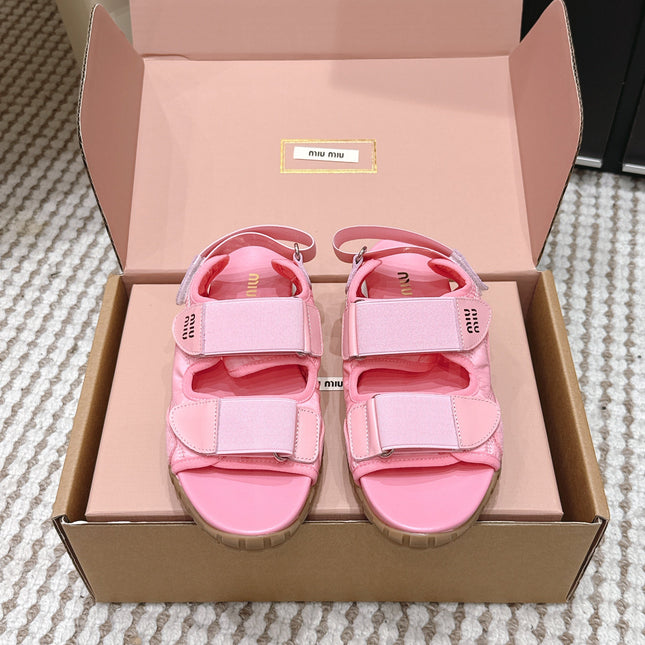 MIUMIU 26S VELCRO SANDALS IN PINK CALFSKIN AND NYLON SILVER HARDWARE
