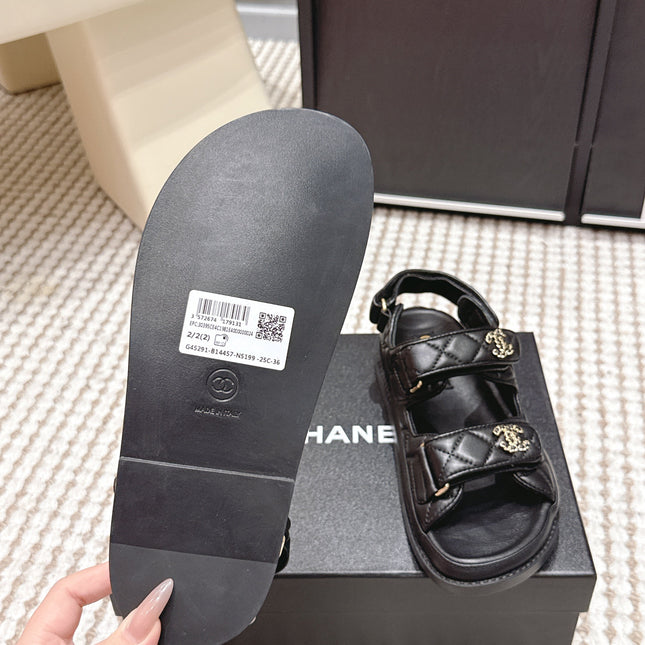 CHANEL 26S QUILTED DAD SANDALS IN BLACK CALFSKIN