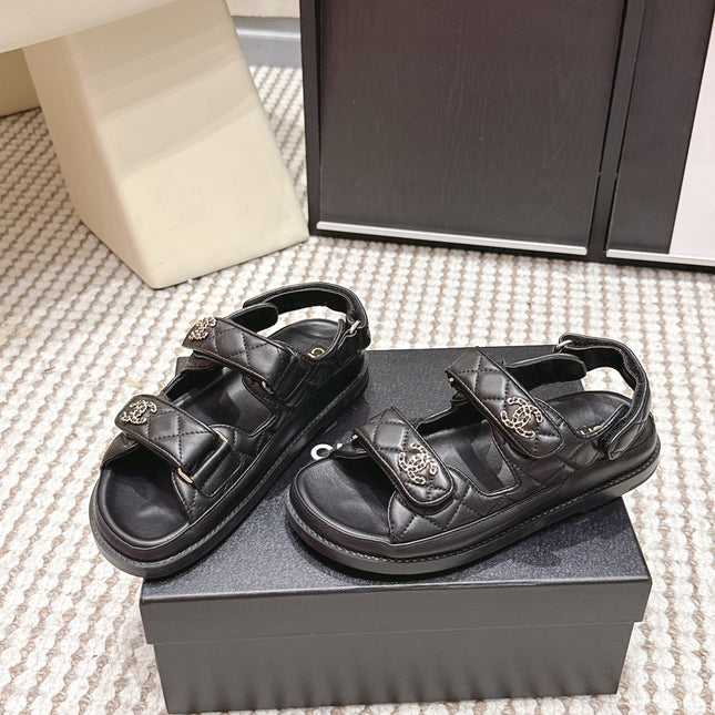 CHANEL 26S QUILTED DAD SANDALS IN BLACK CALFSKIN