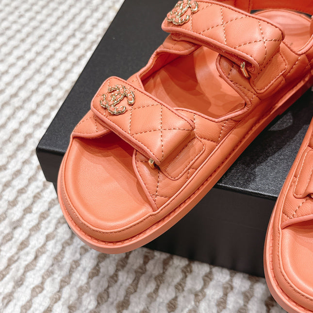 CHANEL 26S QUILTED DAD SANDALS IN ORANGE CALFSKIN