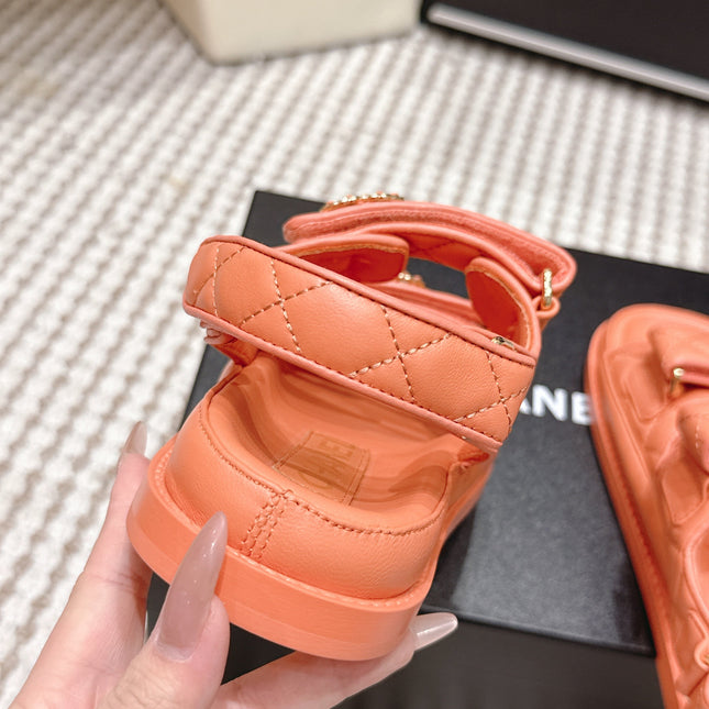 CHANEL 26S QUILTED DAD SANDALS IN ORANGE CALFSKIN