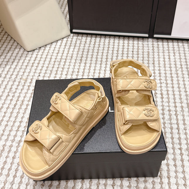 CHANEL 26S QUILTED DAD SANDALS IN LIGHT SAND BEIGE CALFSKIN