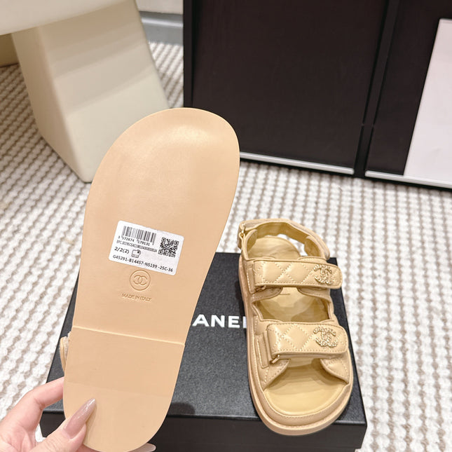 CHANEL 26S QUILTED DAD SANDALS IN LIGHT SAND BEIGE CALFSKIN