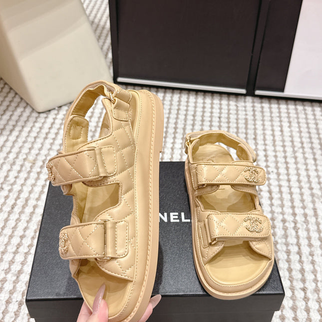 CHANEL 26S QUILTED DAD SANDALS IN LIGHT SAND BEIGE CALFSKIN