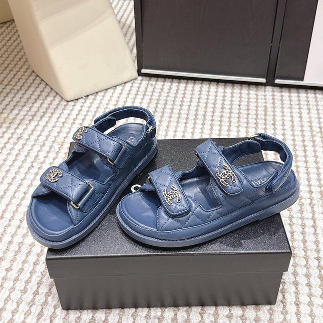 CHANEL 26S QUILTED DAD SANDALS IN SLATE BLUE CALFSKIN