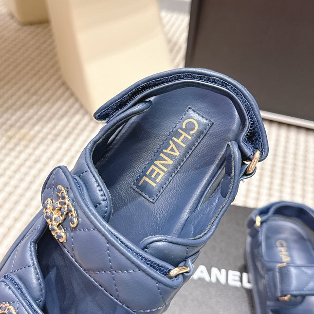 CHANEL 26S QUILTED DAD SANDALS IN SLATE BLUE CALFSKIN