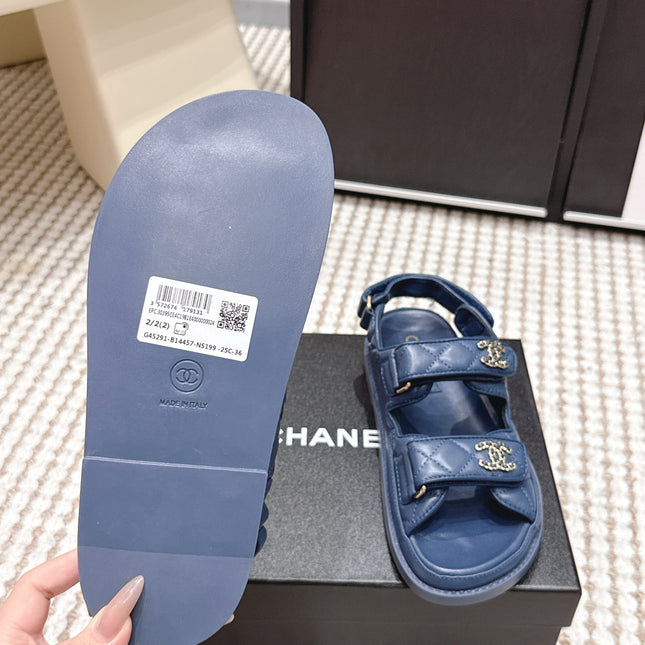 CHANEL 26S QUILTED DAD SANDALS IN SLATE BLUE CALFSKIN
