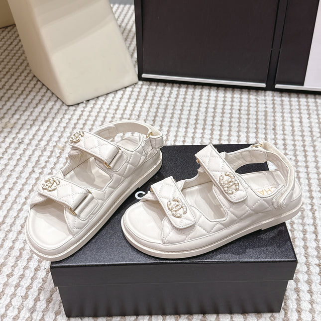 CHANEL 26S QUILTED DAD SANDALS IN CREAM WHITE CALFSKIN