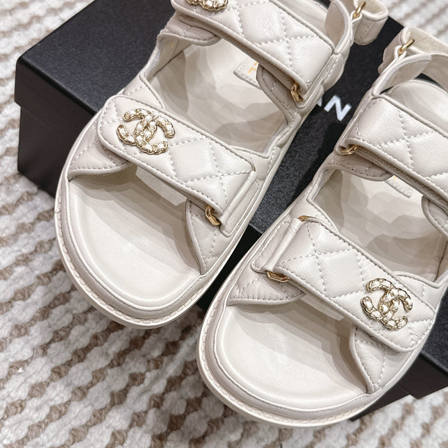 CHANEL 26S QUILTED DAD SANDALS IN CREAM WHITE CALFSKIN