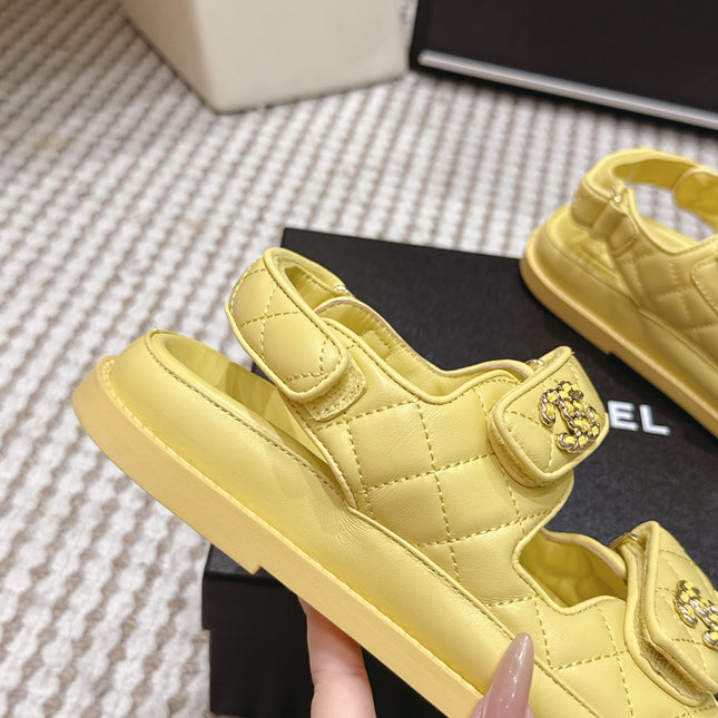 CHANEL 26S QUILTED DAD SANDALS IN YELLOW CALFSKIN