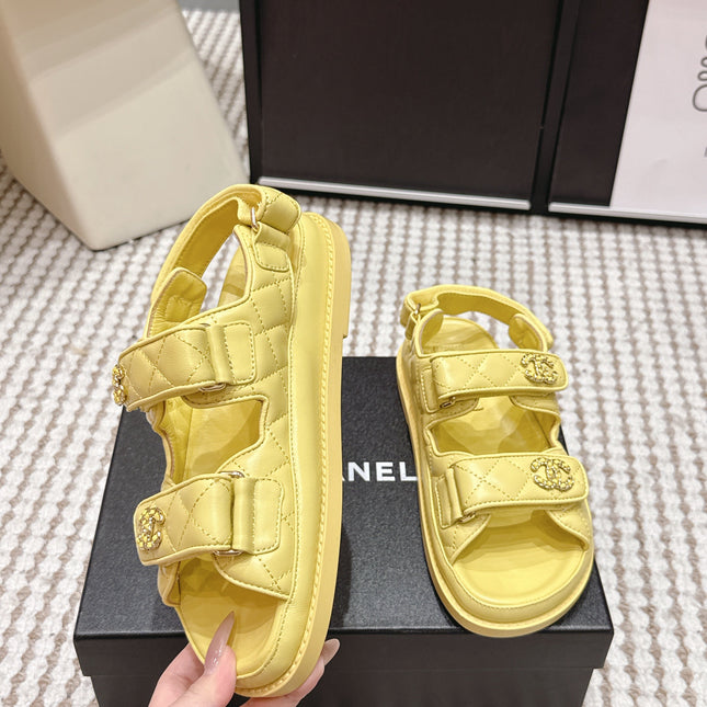 CHANEL 26S QUILTED DAD SANDALS IN YELLOW CALFSKIN
