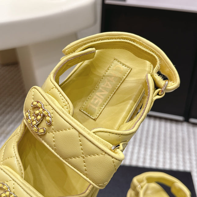 CHANEL 26S QUILTED DAD SANDALS IN YELLOW CALFSKIN