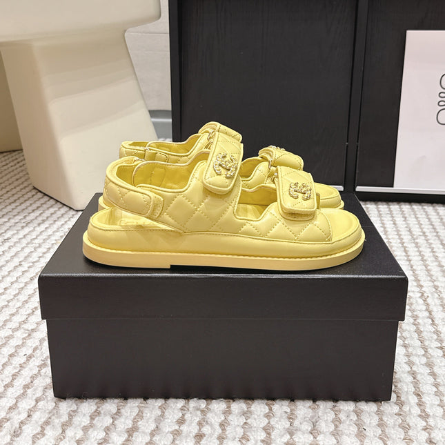 CHANEL 26S QUILTED DAD SANDALS IN YELLOW CALFSKIN