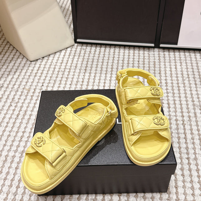 CHANEL 26S QUILTED DAD SANDALS IN YELLOW CALFSKIN