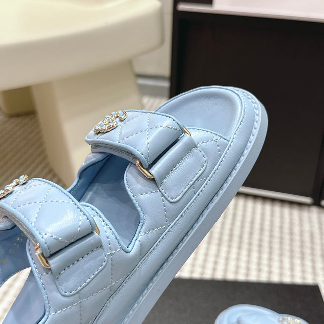 CHANEL 26S QUILTED DAD SANDALS IN LIGHT BLUE CALFSKIN