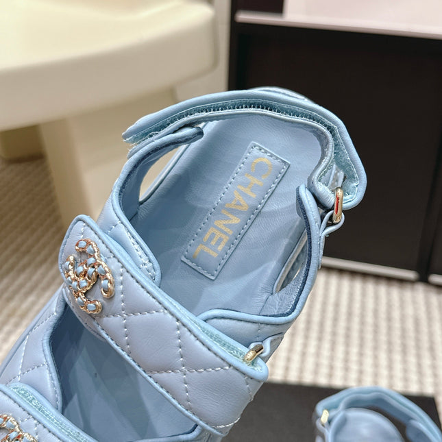 CHANEL 26S QUILTED DAD SANDALS IN LIGHT BLUE CALFSKIN