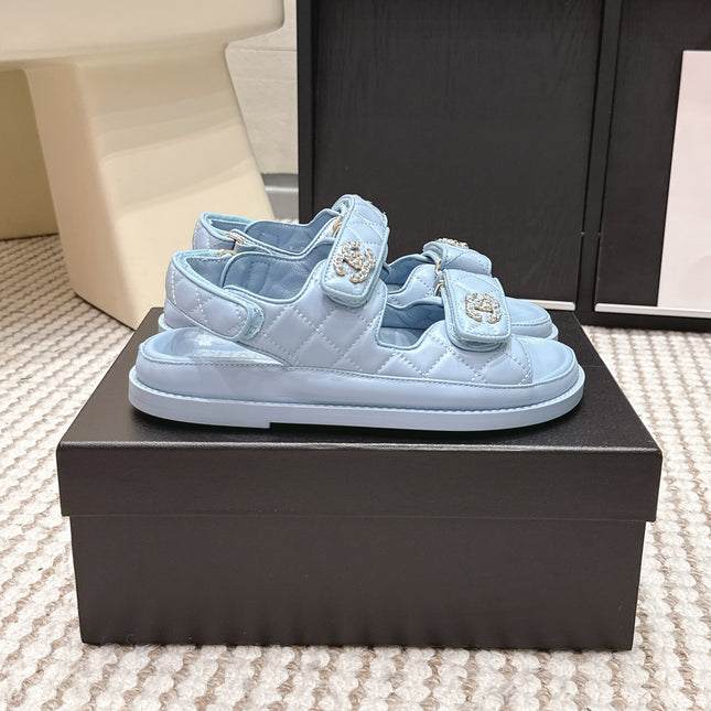 CHANEL 26S QUILTED DAD SANDALS IN LIGHT BLUE CALFSKIN