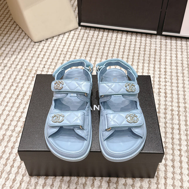 CHANEL 26S QUILTED DAD SANDALS IN LIGHT BLUE CALFSKIN