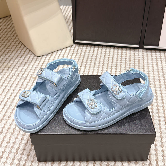 CHANEL 26S QUILTED DAD SANDALS IN LIGHT BLUE CALFSKIN