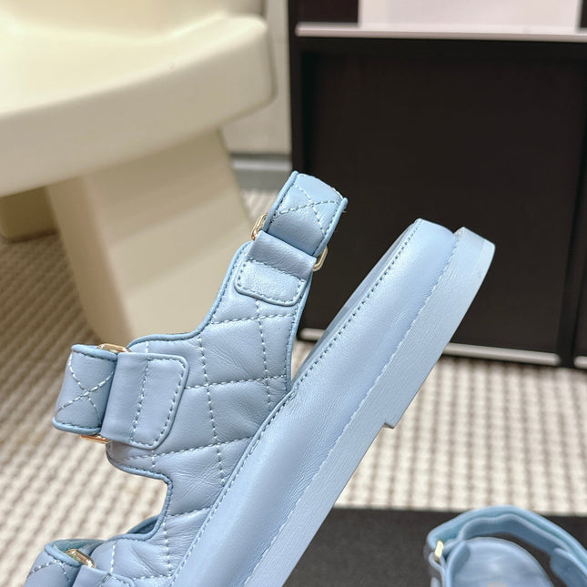 CHANEL 26S QUILTED DAD SANDALS IN LIGHT BLUE CALFSKIN