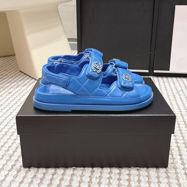 CHANEL 26S QUILTED DAD SANDALS IN BLUE CALFSKIN
