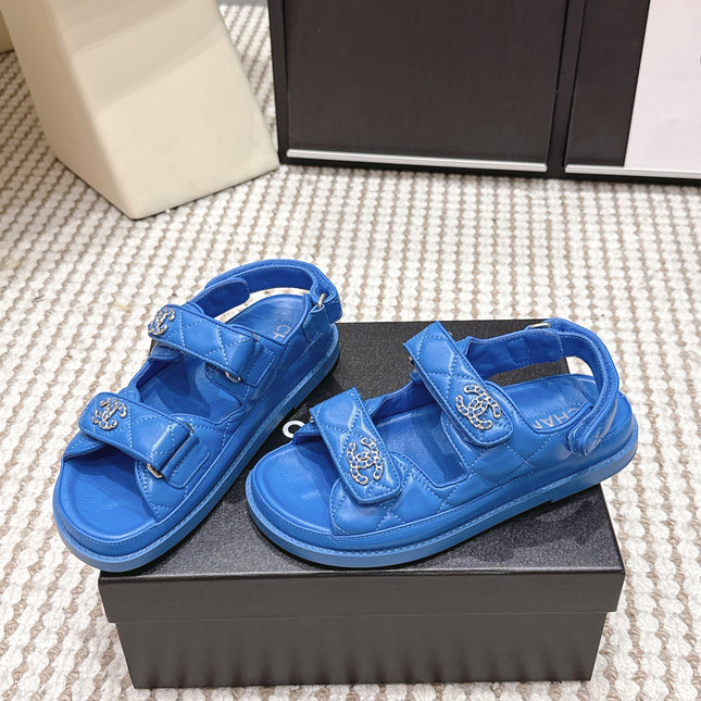 CHANEL 26S QUILTED DAD SANDALS IN BLUE CALFSKIN