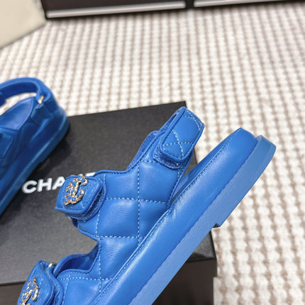 CHANEL 26S QUILTED DAD SANDALS IN BLUE CALFSKIN