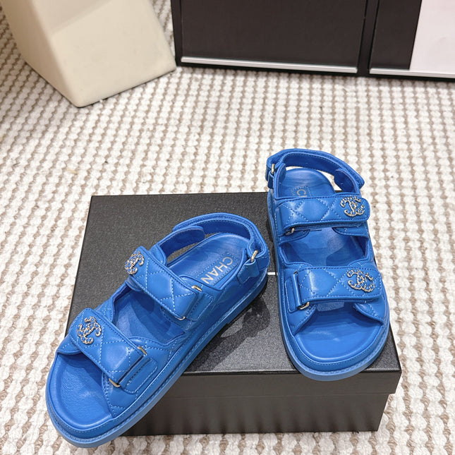 CHANEL 26S QUILTED DAD SANDALS IN BLUE CALFSKIN