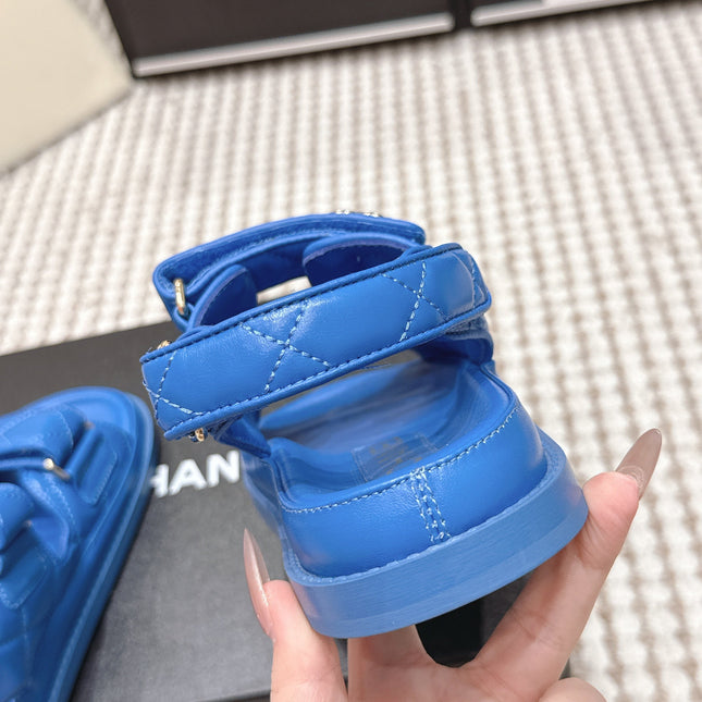 CHANEL 26S QUILTED DAD SANDALS IN BLUE CALFSKIN