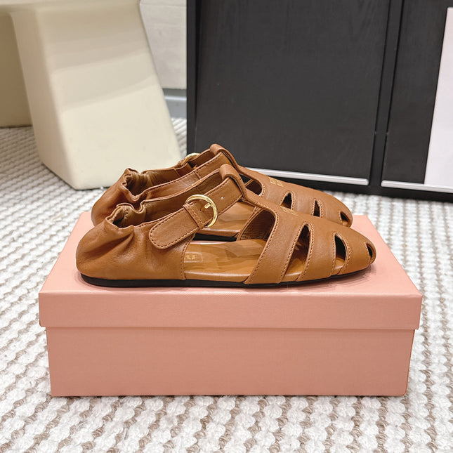 MIUMIU 26S RUCHES FISHERMAN SANDALS IN BROWN ORANGE CALFSKIN GOLD HARDWARE