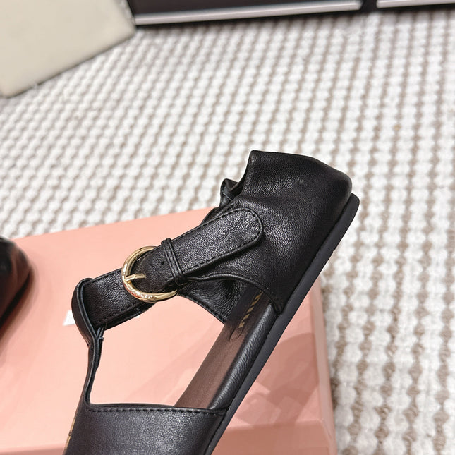 MIUMIU 26S RUCHES FISHERMAN SANDALS IN BLACK CALFSKIN GOLD HARDWARE