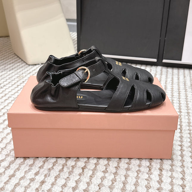 MIUMIU 26S RUCHES FISHERMAN SANDALS IN BLACK CALFSKIN GOLD HARDWARE