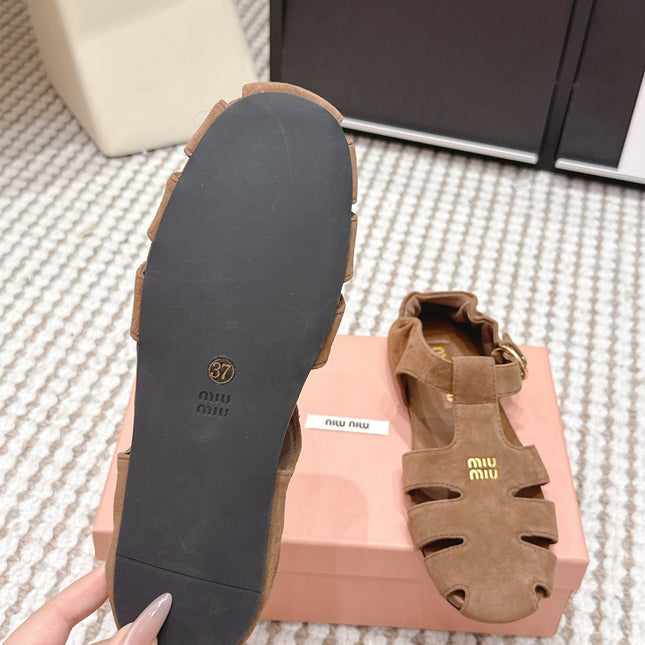 MIUMIU 26S RUCHES FISHERMAN SANDALS IN BROWN SUEDE GOLD HARDWARE