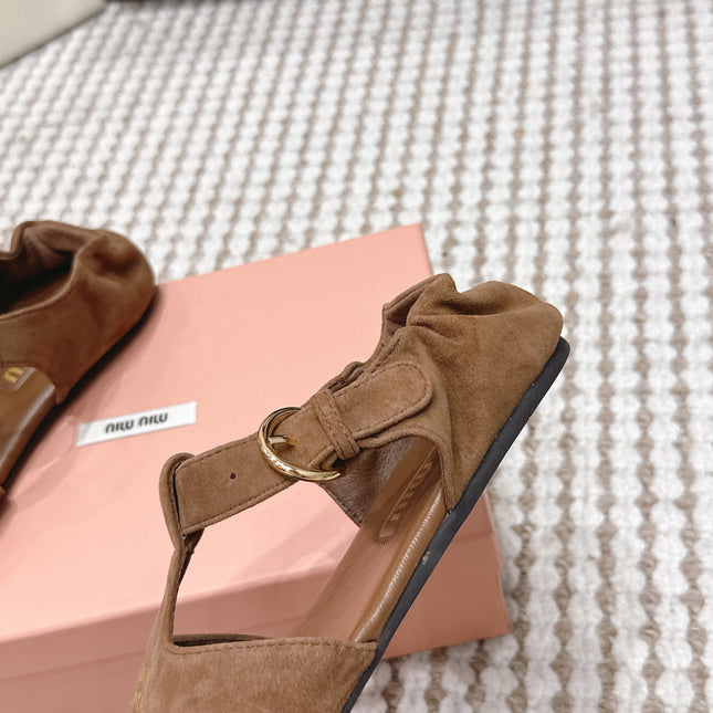MIUMIU 26S RUCHES FISHERMAN SANDALS IN BROWN SUEDE GOLD HARDWARE